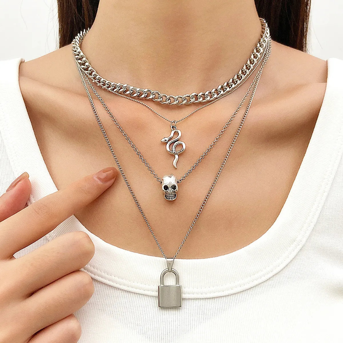 Gothic Punk Snake Lock Skull Alloy Plating Silver Plated Halloween Women's Layered Necklaces