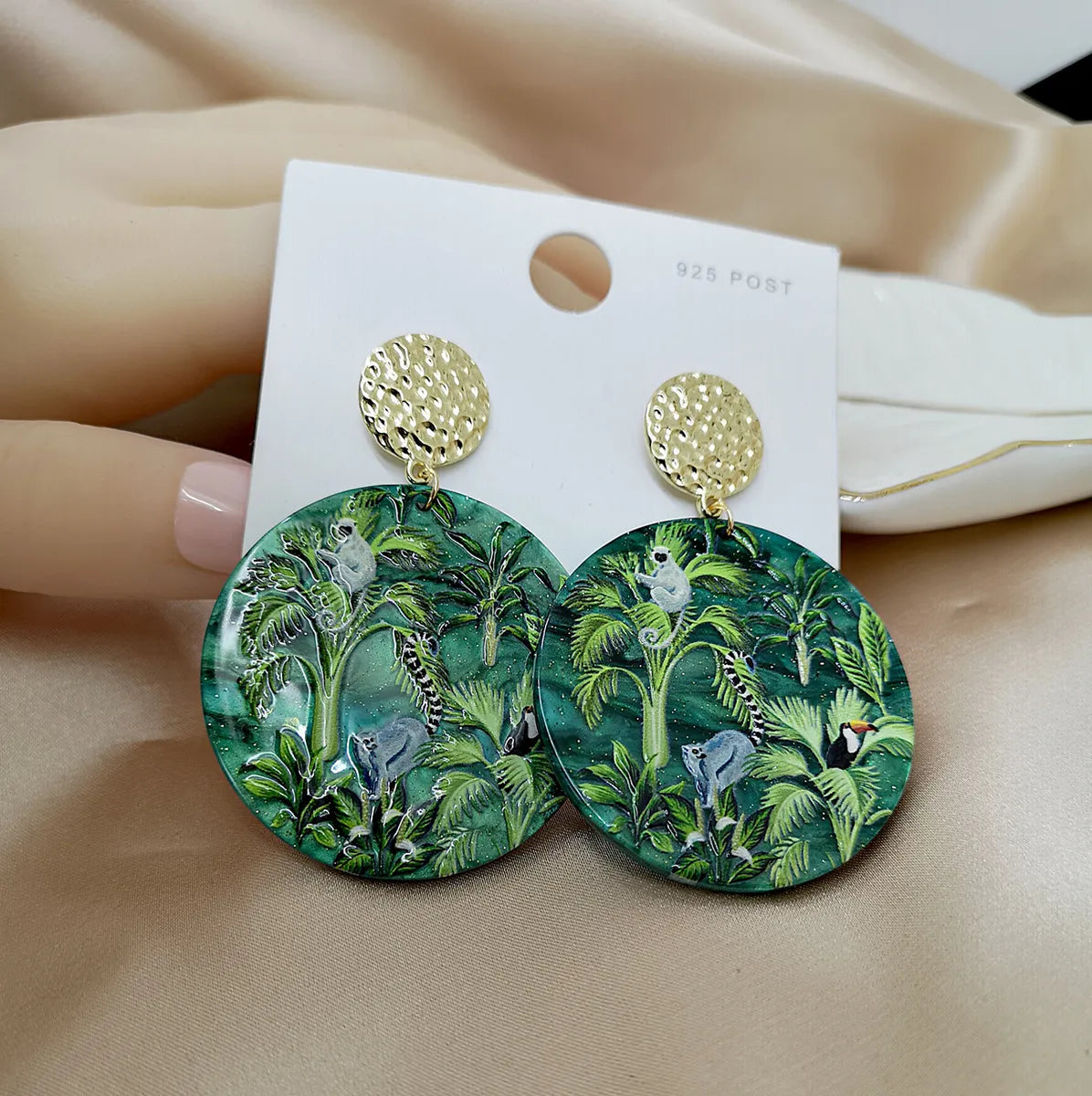 Green Rainforest Animals Plants Embossed Printed Earrings