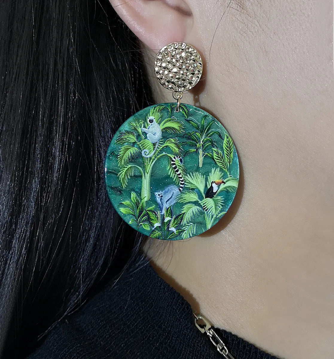 Green Rainforest Animals Plants Embossed Printed Earrings