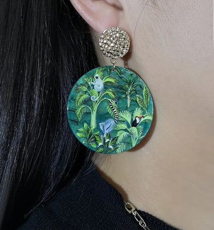 Green Rainforest Animals Plants Embossed Printed Earrings