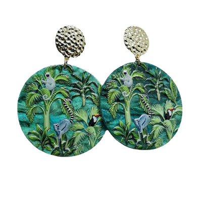 Green Rainforest Animals Plants Embossed Printed Earrings