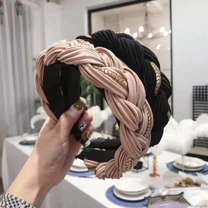 Hair Accessories Solid Color Pleated Alloy Chain Twist Braids Wide Edge Hair Band