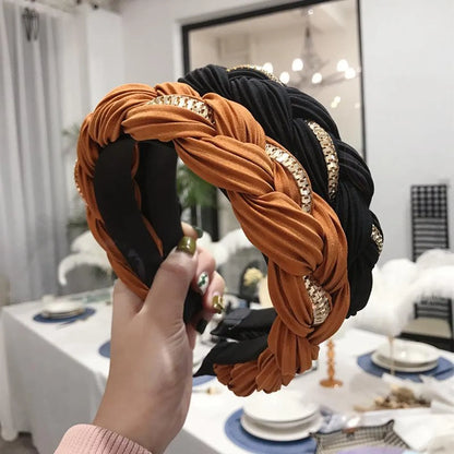 Hair Accessories Solid Color Pleated Alloy Chain Twist Braids Wide Edge Hair Band