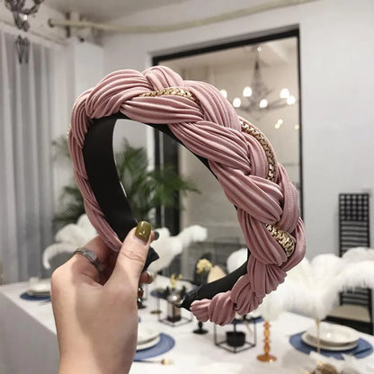 Hair Accessories Solid Color Pleated Alloy Chain Twist Braids Wide Edge Hair Band