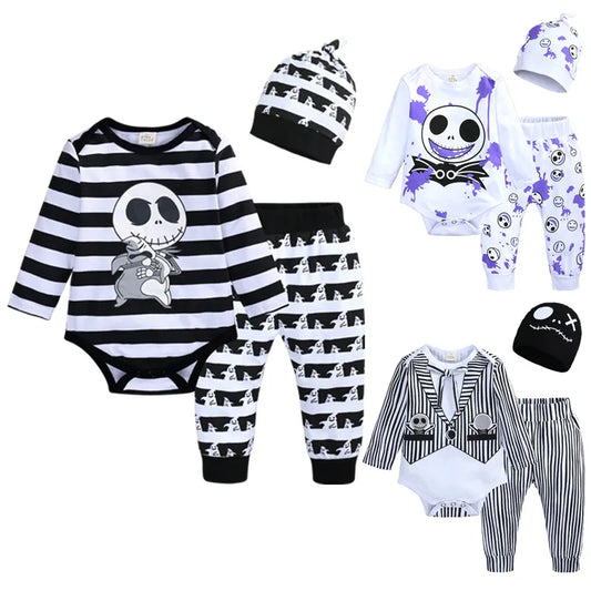 Halloween Streetwear Stripe Skull Cotton Boys Clothing Sets