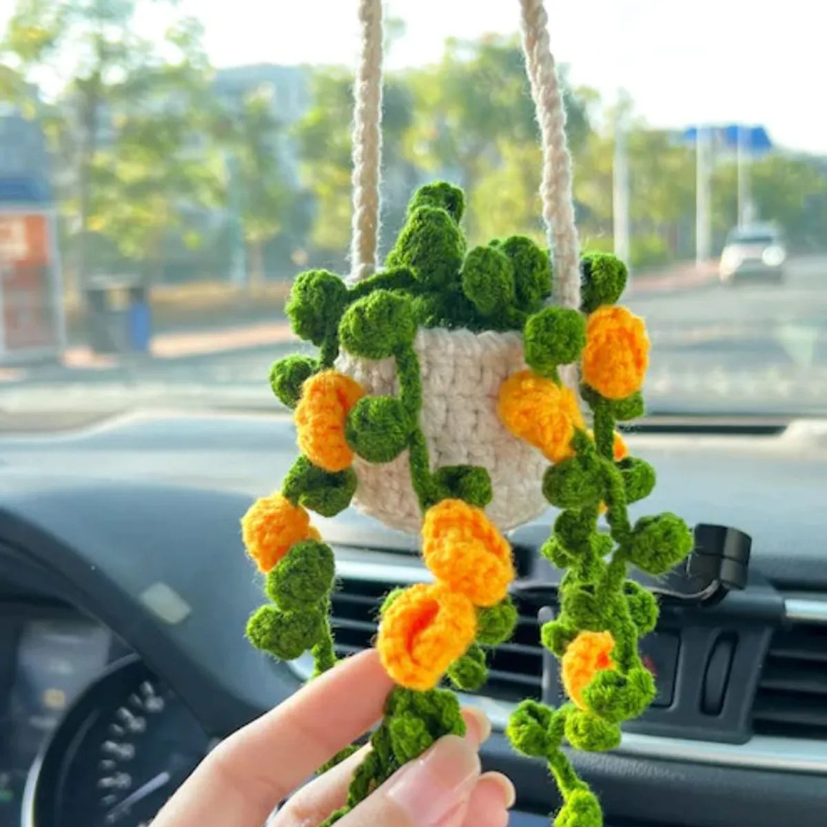 Hand-Crocheted Chlorophytum Potted Yarn Car Rearview Mirror Creative Ornament