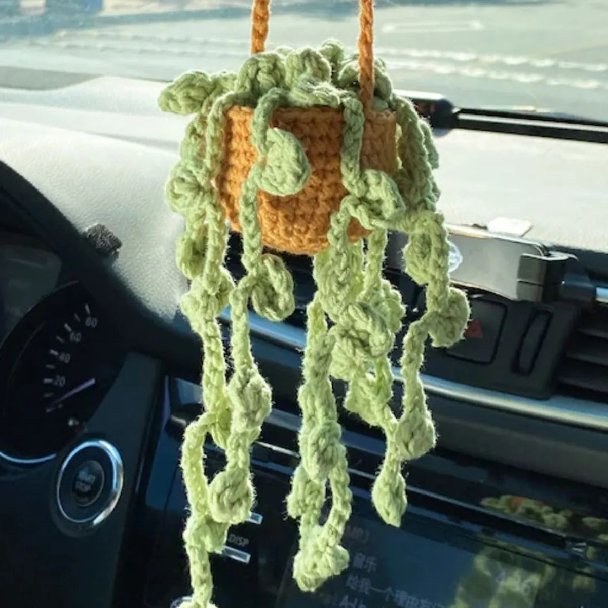 Hand-Crocheted Chlorophytum Potted Yarn Car Rearview Mirror Creative Ornament