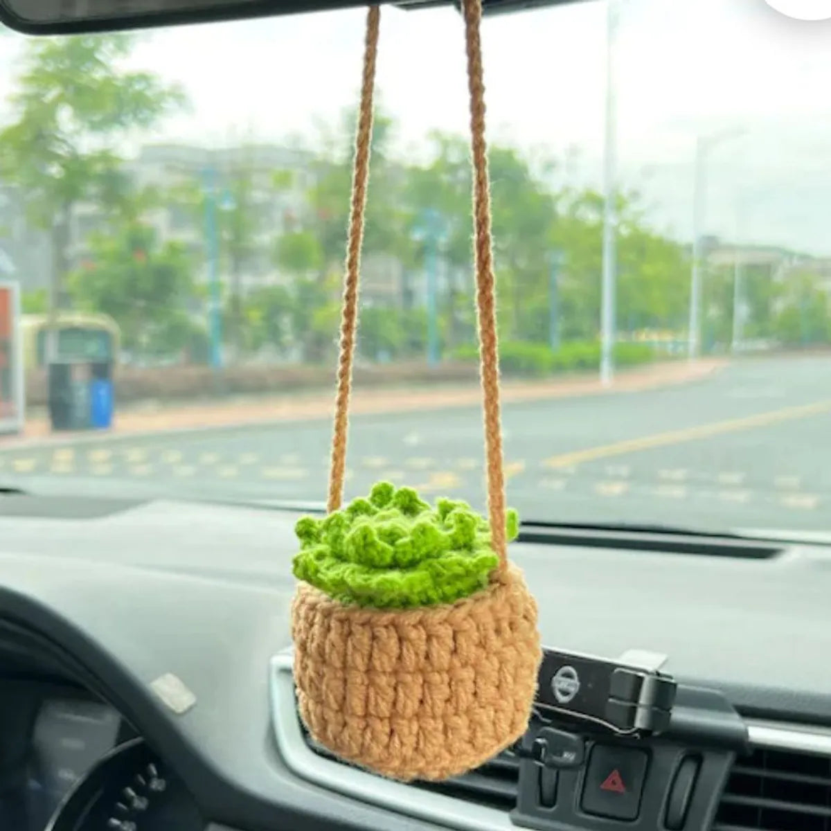 Hand-Crocheted Chlorophytum Potted Yarn Car Rearview Mirror Creative Ornament