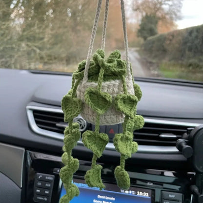 Hand-Crocheted Chlorophytum Potted Yarn Car Rearview Mirror Creative Ornament