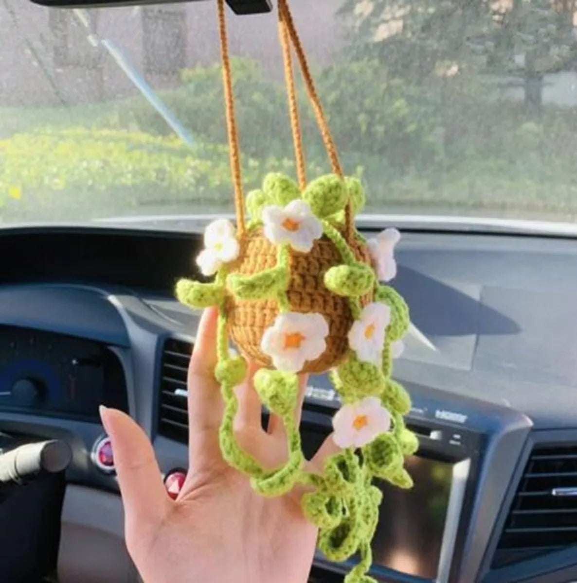 Hand-Crocheted Chlorophytum Potted Yarn Car Rearview Mirror Creative Ornament