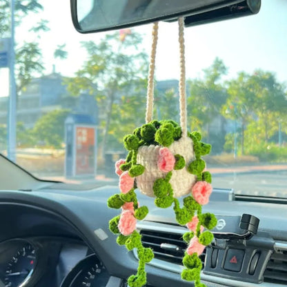 Hand-Crocheted Chlorophytum Potted Yarn Car Rearview Mirror Creative Ornament