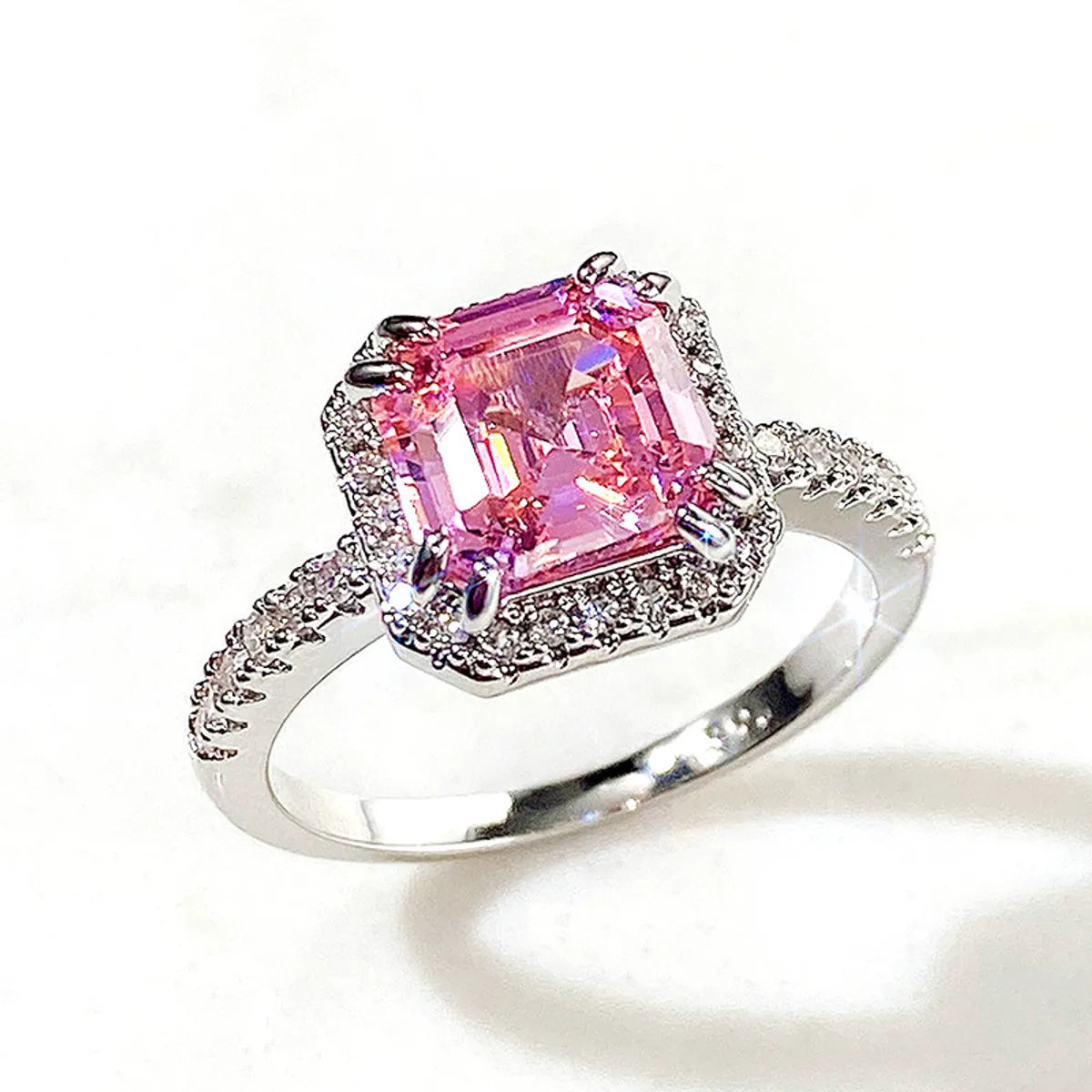 Hand Jewelry Classic Square Pink Diamond Princess Micro-Encrusted Women'S Copper Ring