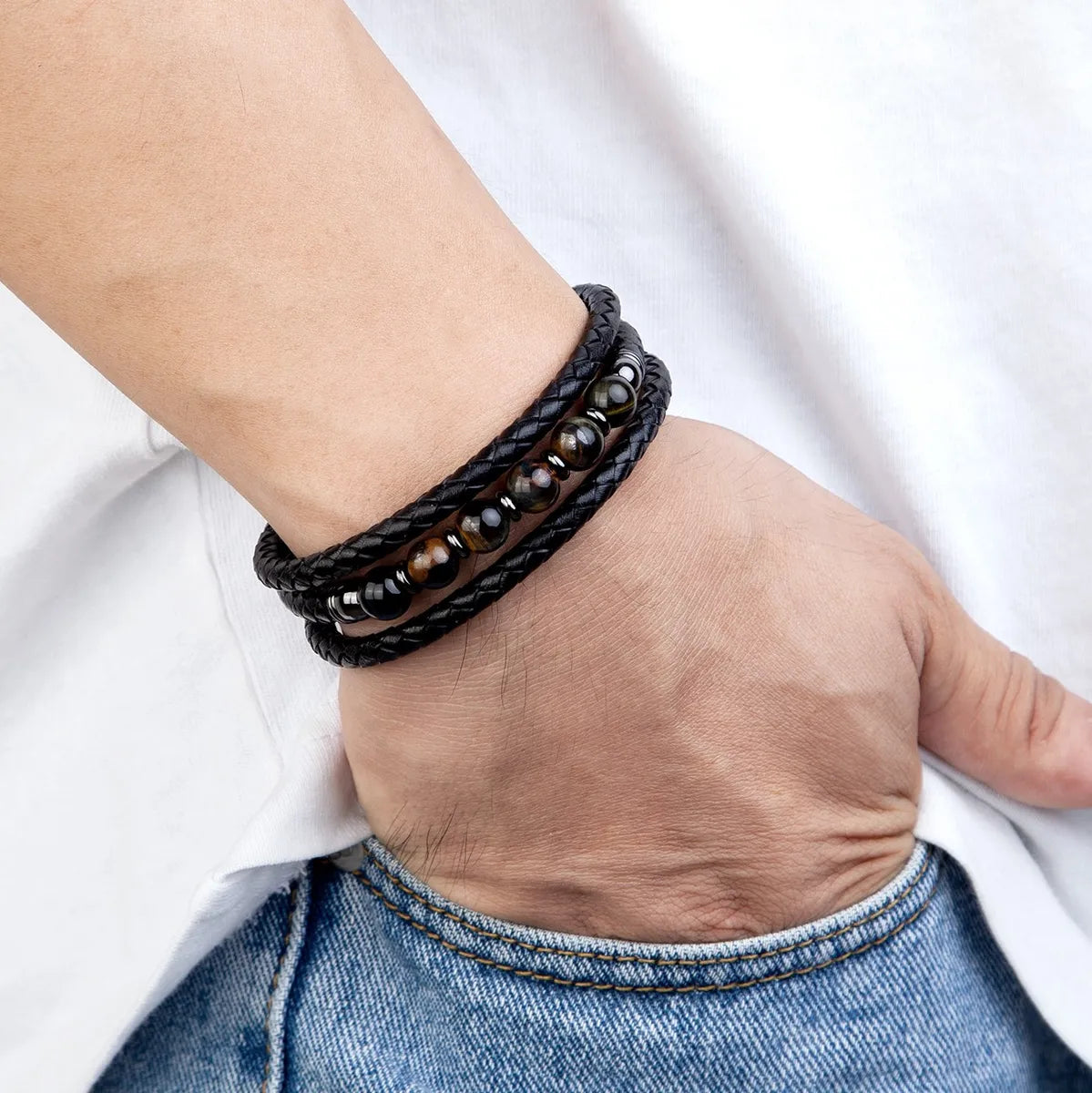 Handmade Round Natural Stone Tiger Eye Beaded Men'S Bracelets