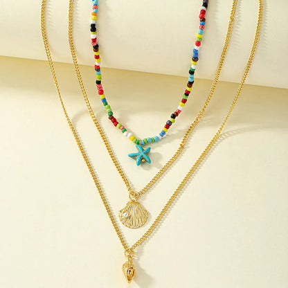 Hawaiian Beach Starfish Conch Shell Beaded Imitation Pearl Alloy Plating Women's Pendant Necklace