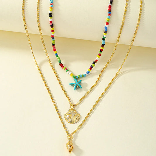 Hawaiian Beach Starfish Conch Shell Beaded Imitation Pearl Alloy Plating Women's Pendant Necklace