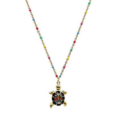 Hawaiian Beach Tortoise Stainless Steel Plating Inlay Zircon Gold Plated Pendant Necklace