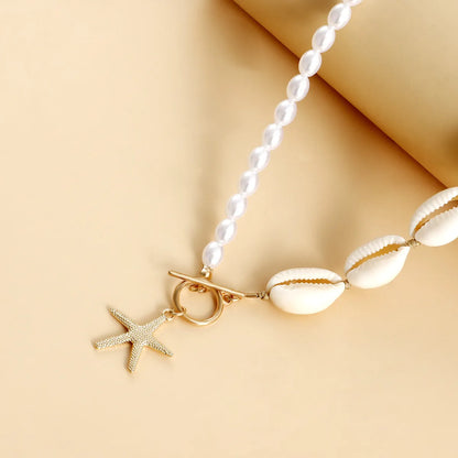 Hawaiian Marine Style Beach Starfish Shell Imitation Pearl Alloy Shell Toggle Beaded Women'S Pendant Necklace