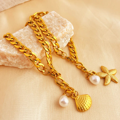 Hawaiian Modern Style Classic Style Scallop Starfish 201 Stainless Steel 18K Gold Plated Artificial Pearls Bracelets In Bulk