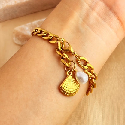 Hawaiian Modern Style Classic Style Scallop Starfish 201 Stainless Steel 18K Gold Plated Artificial Pearls Bracelets In Bulk