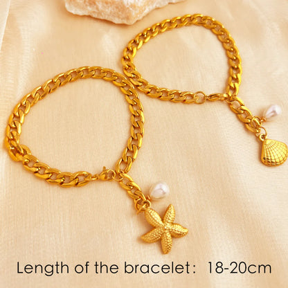 Hawaiian Modern Style Classic Style Scallop Starfish 201 Stainless Steel 18K Gold Plated Artificial Pearls Bracelets In Bulk