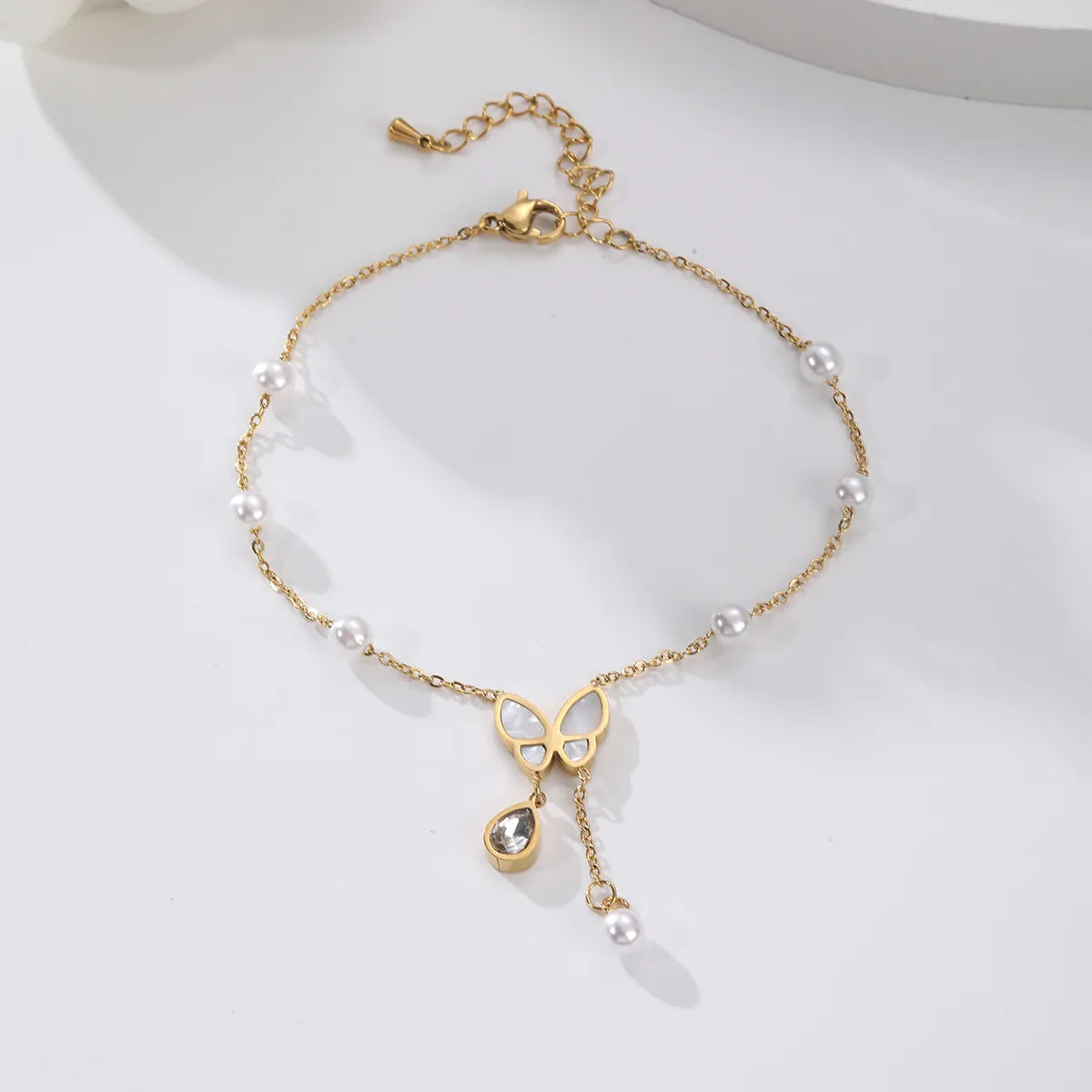 Hawaiian Tropical Cool Style Eye Solid Color Butterfly 304 Stainless Steel Plating Inlay Shell 18K Gold Plated Women'S Anklet