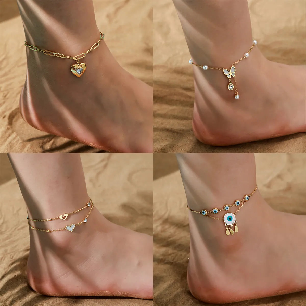 Hawaiian Tropical Cool Style Eye Solid Color Butterfly 304 Stainless Steel Plating Inlay Shell 18K Gold Plated Women'S Anklet