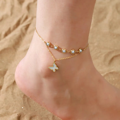 Hawaiian Tropical Cool Style Solid Color 304 Stainless Steel Plating Inlay Shell 18K Gold Plated Women'S Anklet