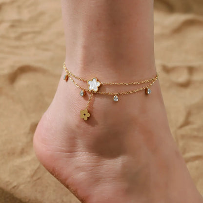 Hawaiian Tropical Solid Color 304 Stainless Steel Plating Inlay Shell 18K Gold Plated Women'S Anklet