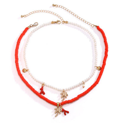 Hawaiian Vacation Beach Irregular Coconut Tree Shell Imitation Pearl Alloy Soft Clay Beaded Women's Double Layer Necklaces