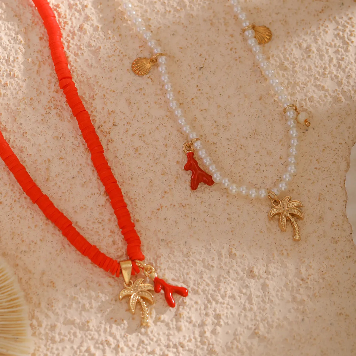 Hawaiian Vacation Beach Irregular Coconut Tree Shell Imitation Pearl Alloy Soft Clay Beaded Women's Double Layer Necklaces