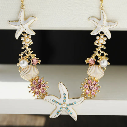 Hawaiian Vacation Marine Style Geometric Scallop Starfish Rhinestones Alloy Wholesale Pendant Necklace