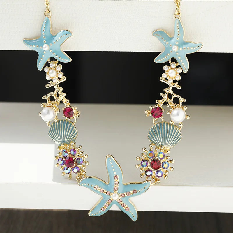 Hawaiian Vacation Marine Style Geometric Scallop Starfish Rhinestones Alloy Wholesale Pendant Necklace