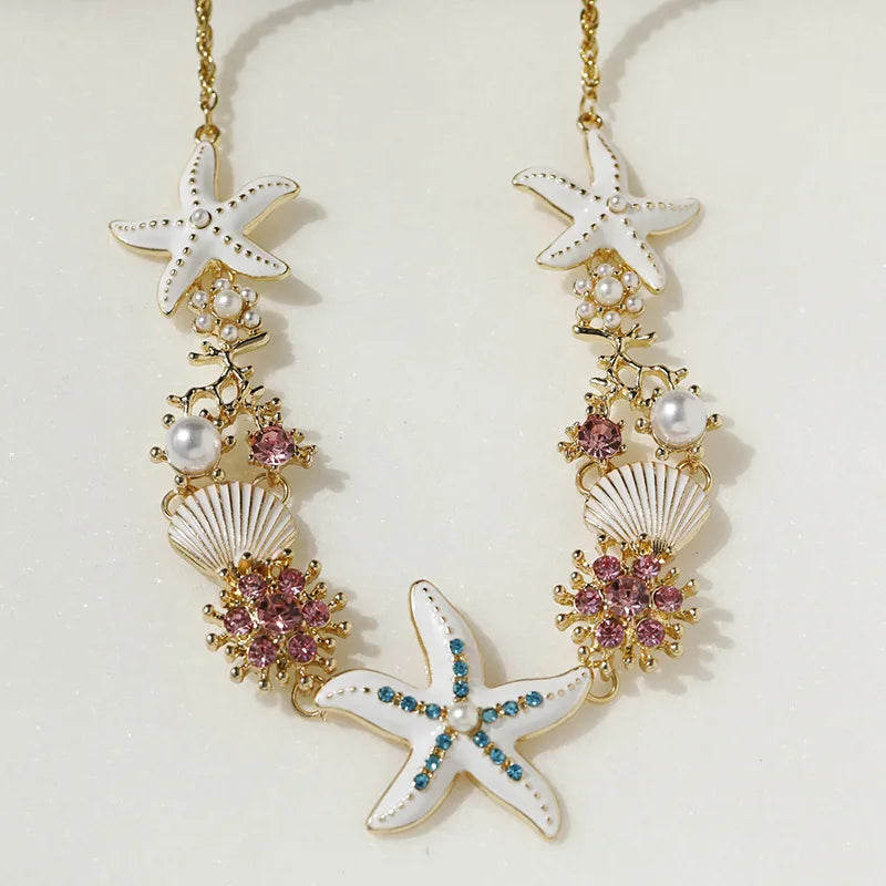 Hawaiian Vacation Marine Style Geometric Scallop Starfish Rhinestones Alloy Wholesale Pendant Necklace