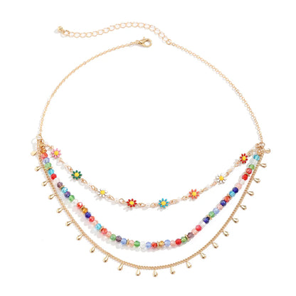 Hawaiian Vacation Round Water Droplets Flower Alloy Crystal Copper Wholesale Three Layer Necklace