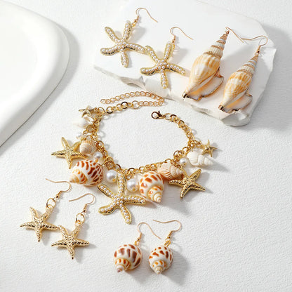 Hawaiian Vacation Starfish Conch Alloy Zinc Alloy Plating Inlay Artificial Pearls Shell Women'S Bracelets Earrings Necklace