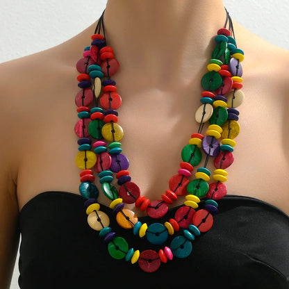 Hawaiian Vacation Tropical Round Multicolor Beaded Fabric Shell Handmade Women's Three Layer Necklace Long Necklace