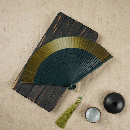 Head Green Fan Frame Bamboo Fan Hollow Silk Archaic Folding Fan Women'S Scenic Spot Chinese Style Gifts Folding Fan Printable Logo