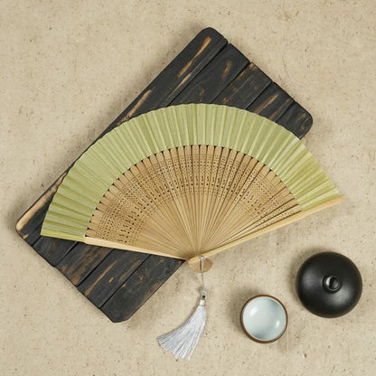 Head Green Fan Frame Bamboo Fan Hollow Silk Archaic Folding Fan Women'S Scenic Spot Chinese Style Gifts Folding Fan Printable Logo