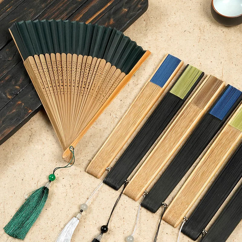 Head Green Fan Frame Bamboo Fan Hollow Silk Archaic Folding Fan Women'S Scenic Spot Chinese Style Gifts Folding Fan Printable Logo