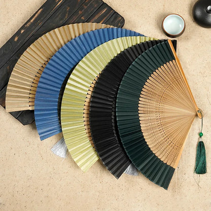 Head Green Fan Frame Bamboo Fan Hollow Silk Archaic Folding Fan Women'S Scenic Spot Chinese Style Gifts Folding Fan Printable Logo