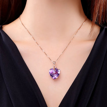 Heart-shaped Amethyst Pendant Necklace Four-leaf Clover Bracelet Amethyst Earrings Set