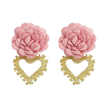 Heart-Shaped Fabric Flower Earrings