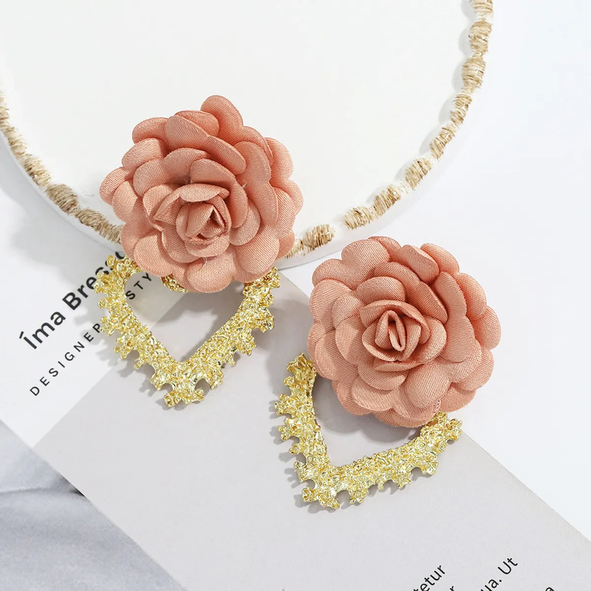 Heart-Shaped Fabric Flower Earrings