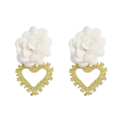 Heart-Shaped Fabric Flower Earrings