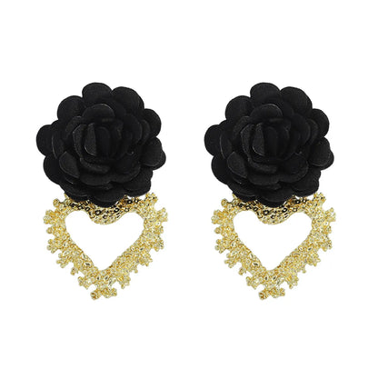 Heart-Shaped Fabric Flower Earrings