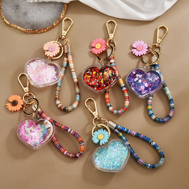 Heart-Shaped Sequins Quicksand Flower Pendant Keychain Wholesale Nihaojewelry