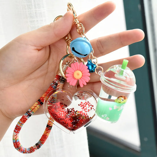 Heart-Shaped Sequins Quicksand Flower Pendant Keychain Wholesale Nihaojewelry