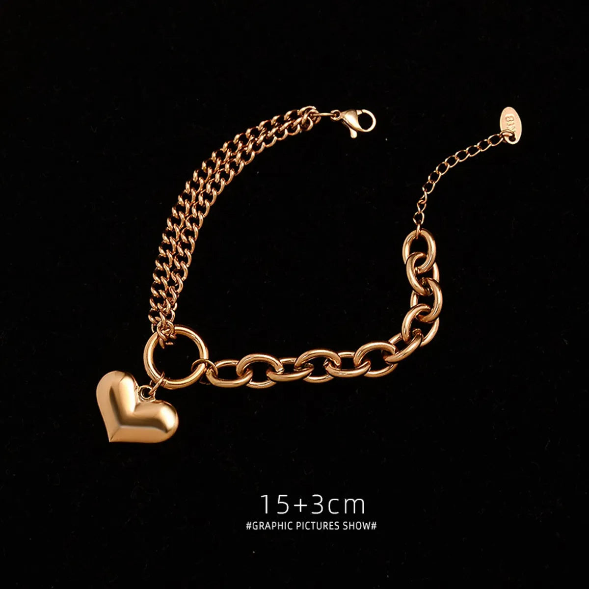 Heavy Rough Flat Love-shaped Wild Heart Titanium Steel Plated 18k Gold Bracelet For Women