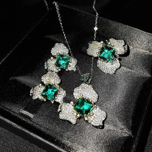 High-end Jewelry Flower Stud Earrings Dignified Generous Style Fashion Green Imitation Emerald Ring High-grade Necklace Set For Women