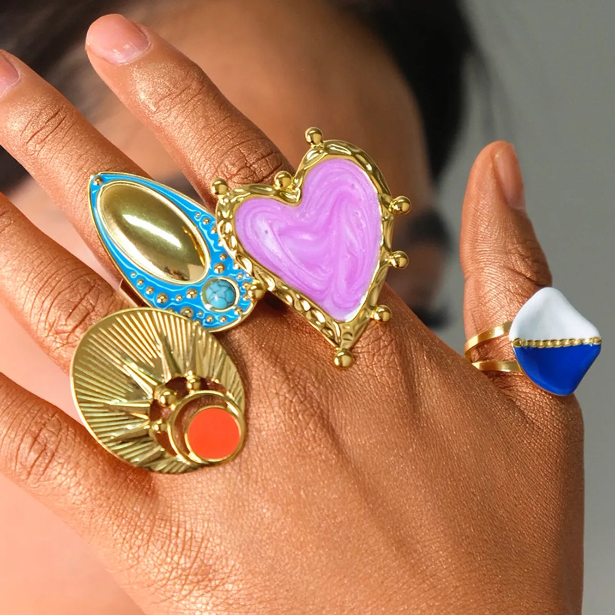 Hip-Hop Artistic Commute Oval Heart Shape Rhombus 304 Stainless Steel 14K Gold Plated Turquoise Rings In Bulk